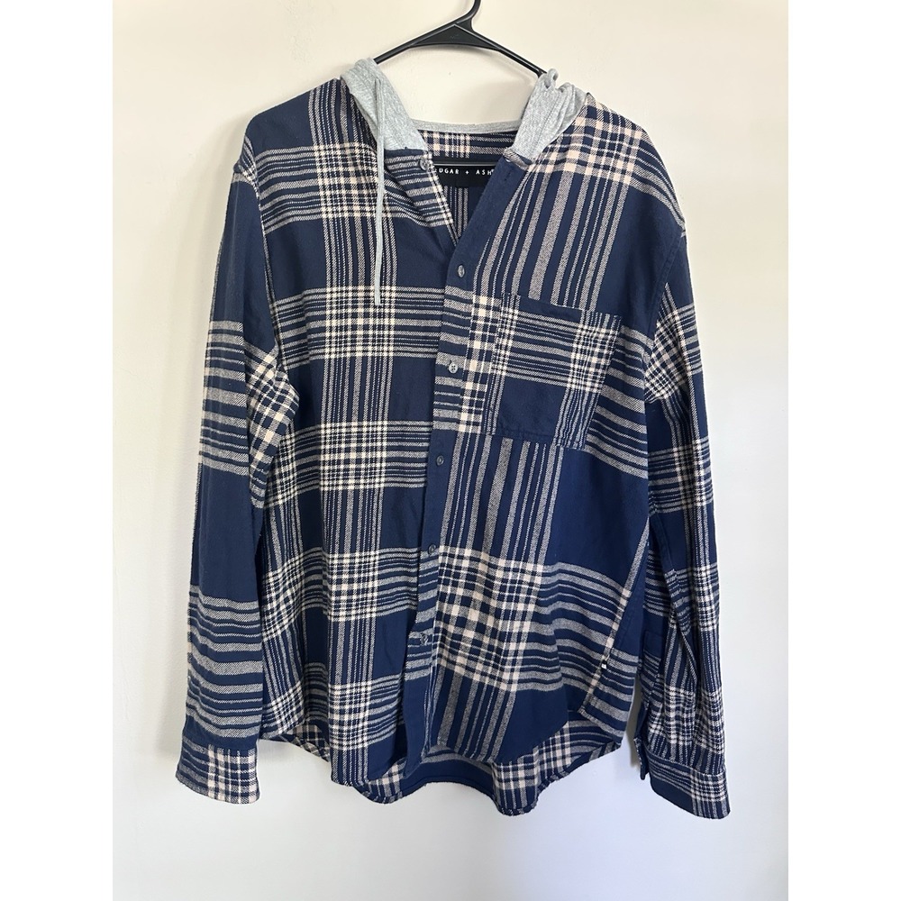Edgar + Ash Flannel Hoodie LARGE Two Toned Blue‎ Plaid Button Down Long Sleeve